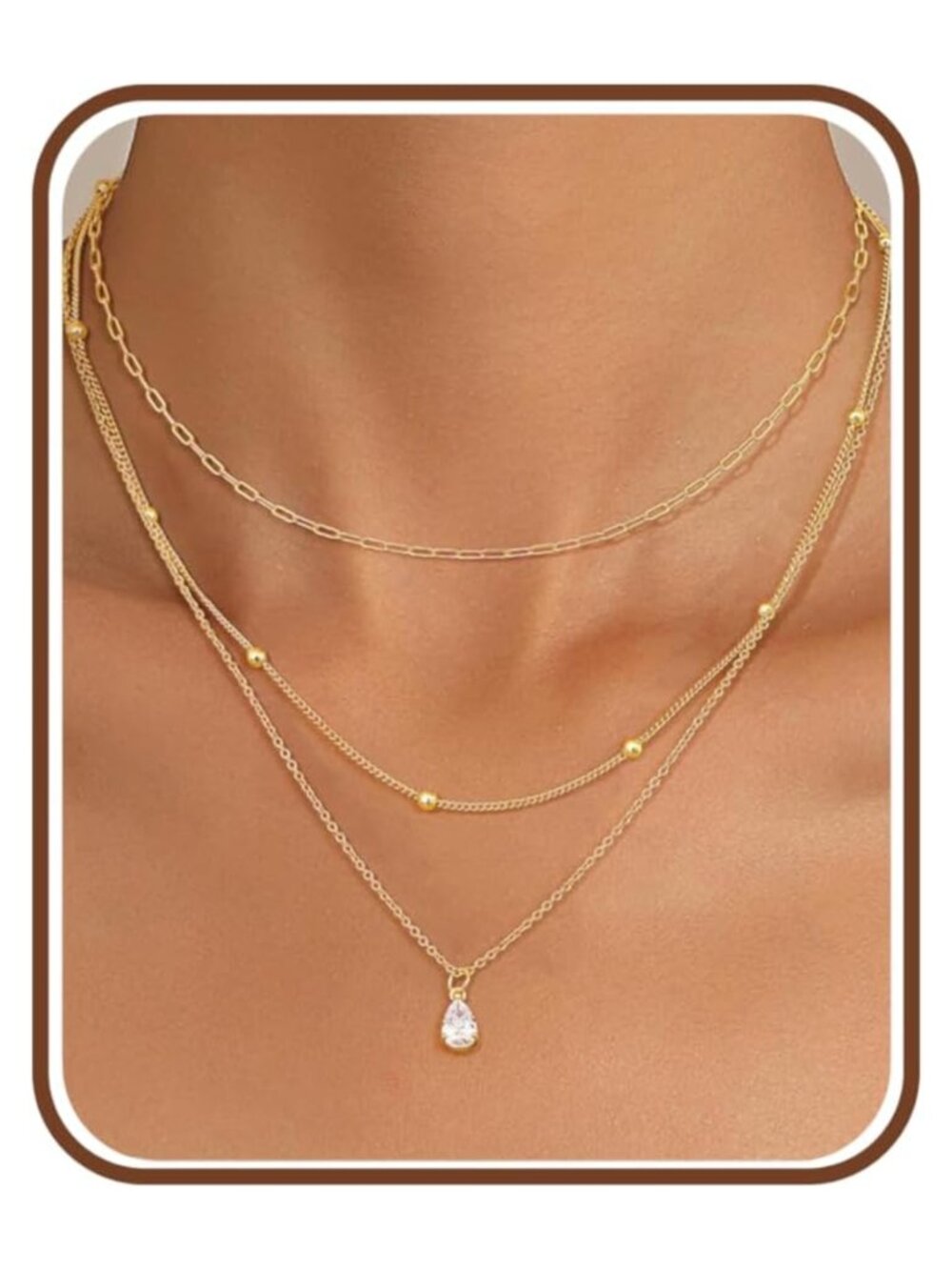 3-Piece Gold Plated Layered Necklace Set with Teardrop CZ Pendant